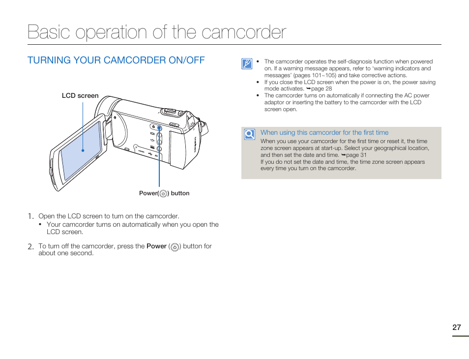 Basic operation of the camcorder, Turning your camcorder on/off | Samsung HMX-H300BN-XAA User Manual | Page 31 / 122