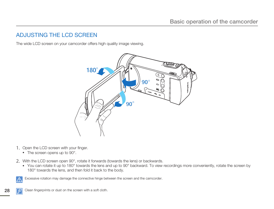 Adjusting the lcd screen, Basic operation of the camcorder | Samsung HMX-H300BN-XAA User Manual | Page 32 / 122