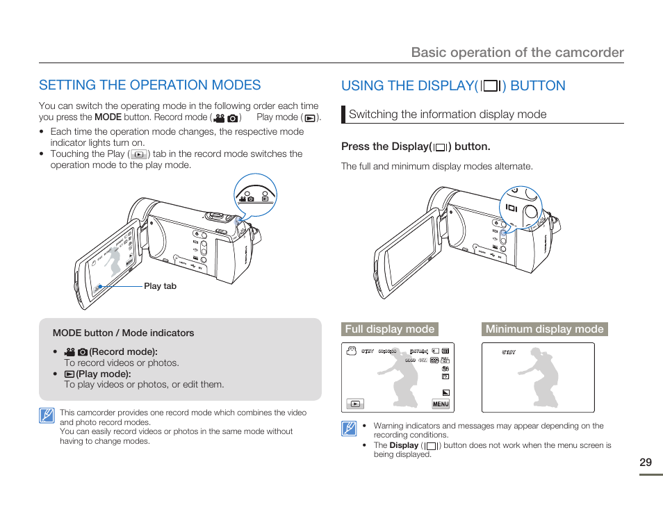 Setting the operation modes, Using the display button, Basic operation of the camcorder | Using the display( ) button, Switching the information display mode | Samsung HMX-H300BN-XAA User Manual | Page 33 / 122