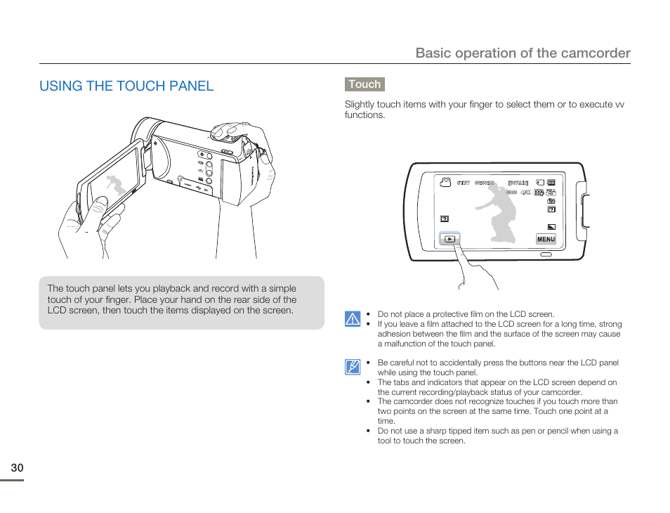 Using the touch panel, Basic operation of the camcorder, Touch | Samsung HMX-H300BN-XAA User Manual | Page 34 / 122