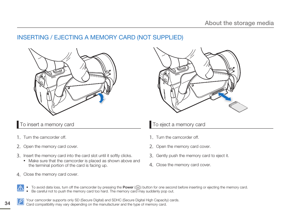 Inserting / ejecting a memory card (not supplied), About the storage media | Samsung HMX-H300BN-XAA User Manual | Page 38 / 122