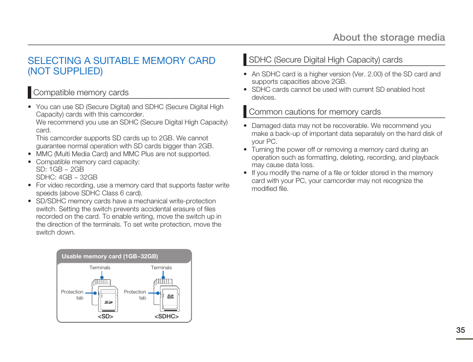 Selecting a suitable memory card(not supplied), About the storage media | Samsung HMX-H300BN-XAA User Manual | Page 39 / 122