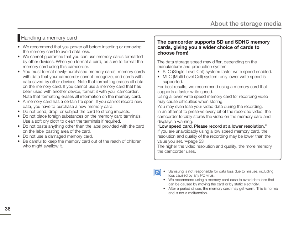 About the storage media | Samsung HMX-H300BN-XAA User Manual | Page 40 / 122