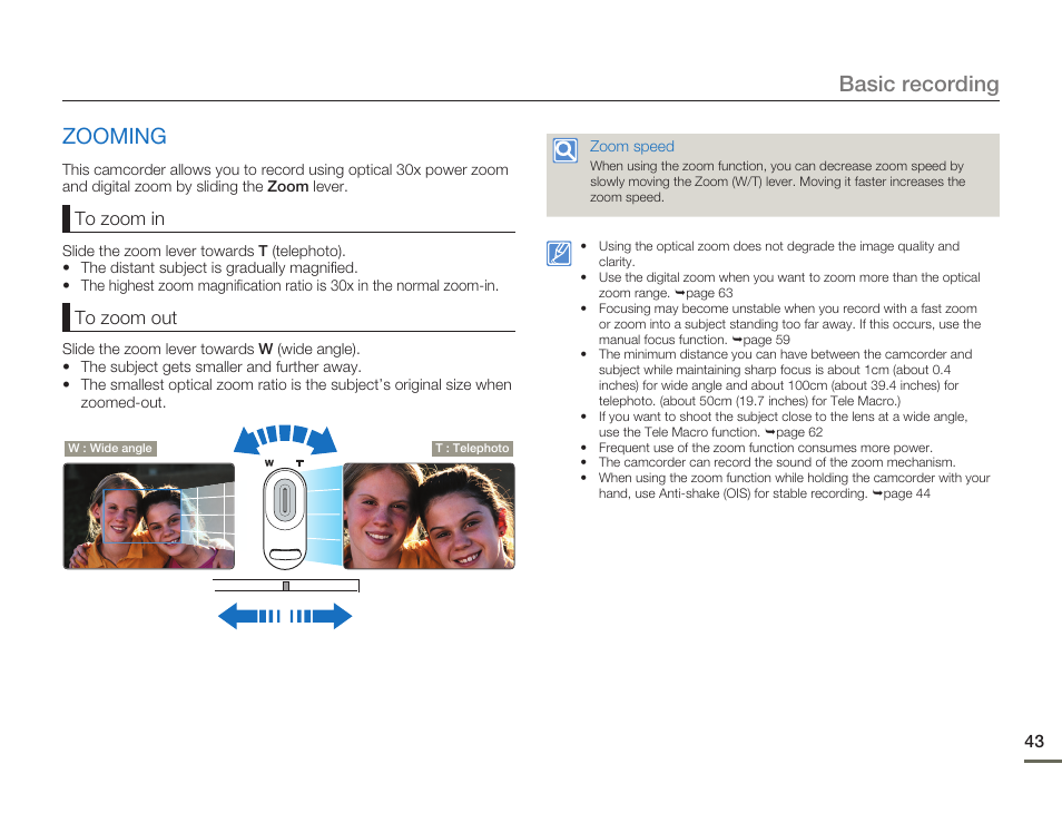Zooming, Basic recording | Samsung HMX-H300BN-XAA User Manual | Page 47 / 122