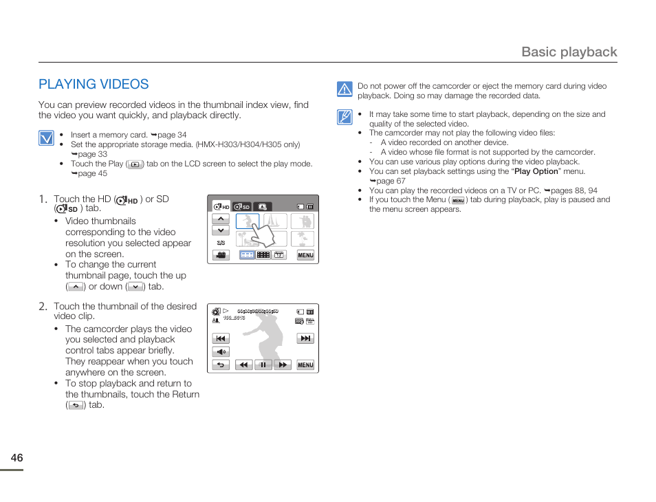 Playing videos, Basic playback | Samsung HMX-H300BN-XAA User Manual | Page 50 / 122