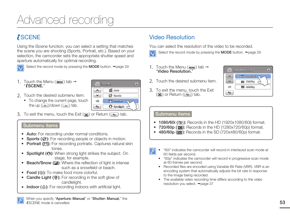 Advanced recording, Iscene, Video resolution | Scene | Samsung HMX-H300BN-XAA User Manual | Page 57 / 122