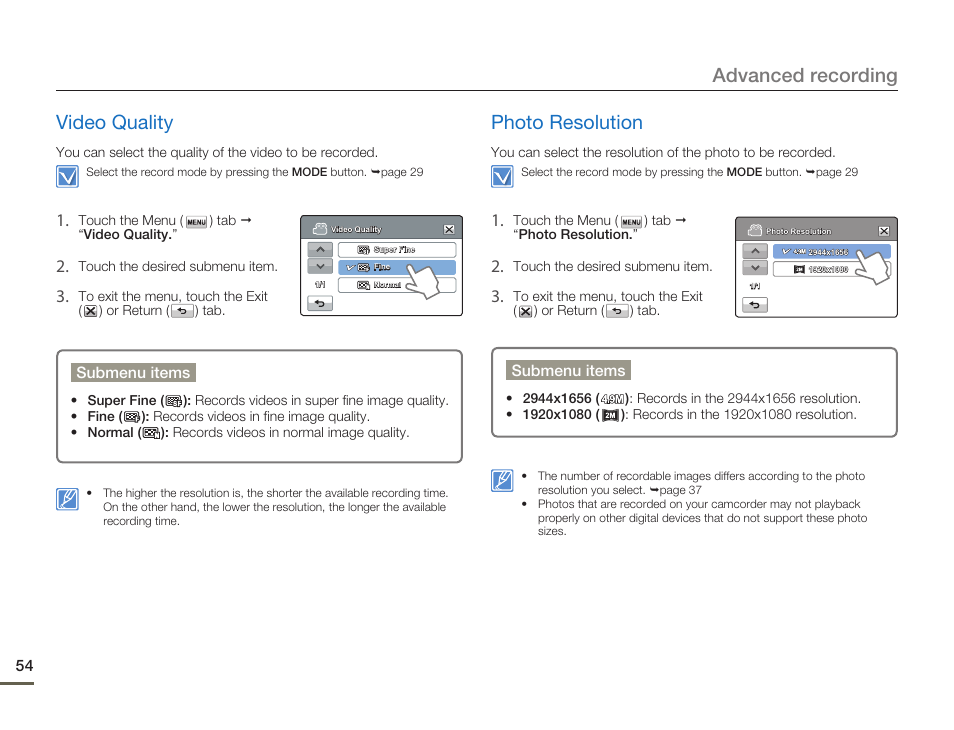Video quality, Photo resolution, Advanced recording video quality | Samsung HMX-H300BN-XAA User Manual | Page 58 / 122