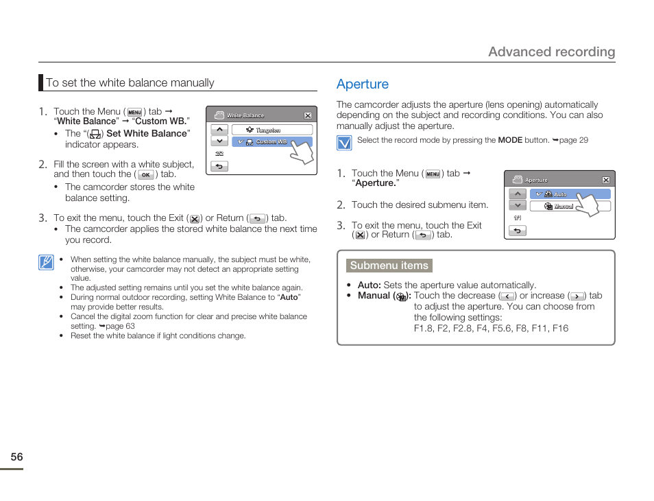 Aperture, Advanced recording | Samsung HMX-H300BN-XAA User Manual | Page 60 / 122