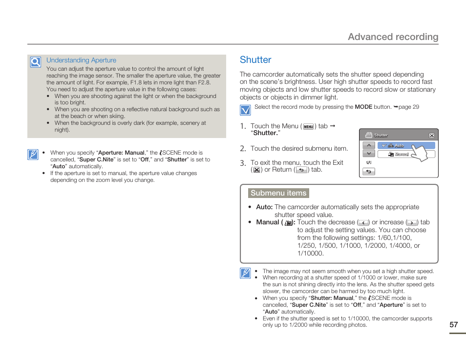 Shutter, Advanced recording | Samsung HMX-H300BN-XAA User Manual | Page 61 / 122