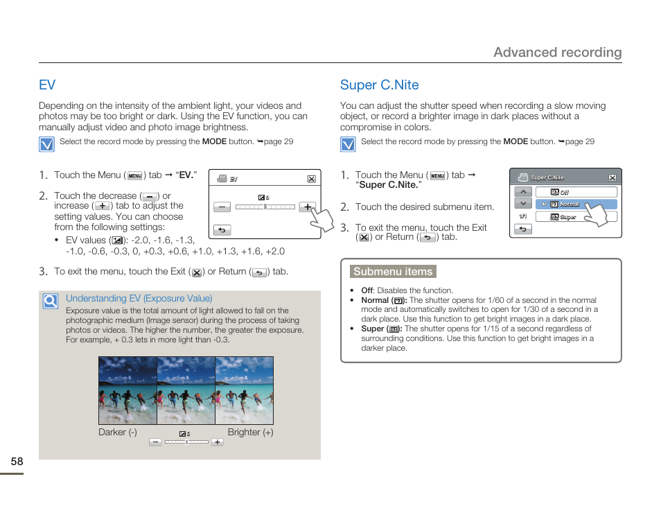 Super c.nite, Advanced recording ev, Submenu items | Samsung HMX-H300BN-XAA User Manual | Page 62 / 122