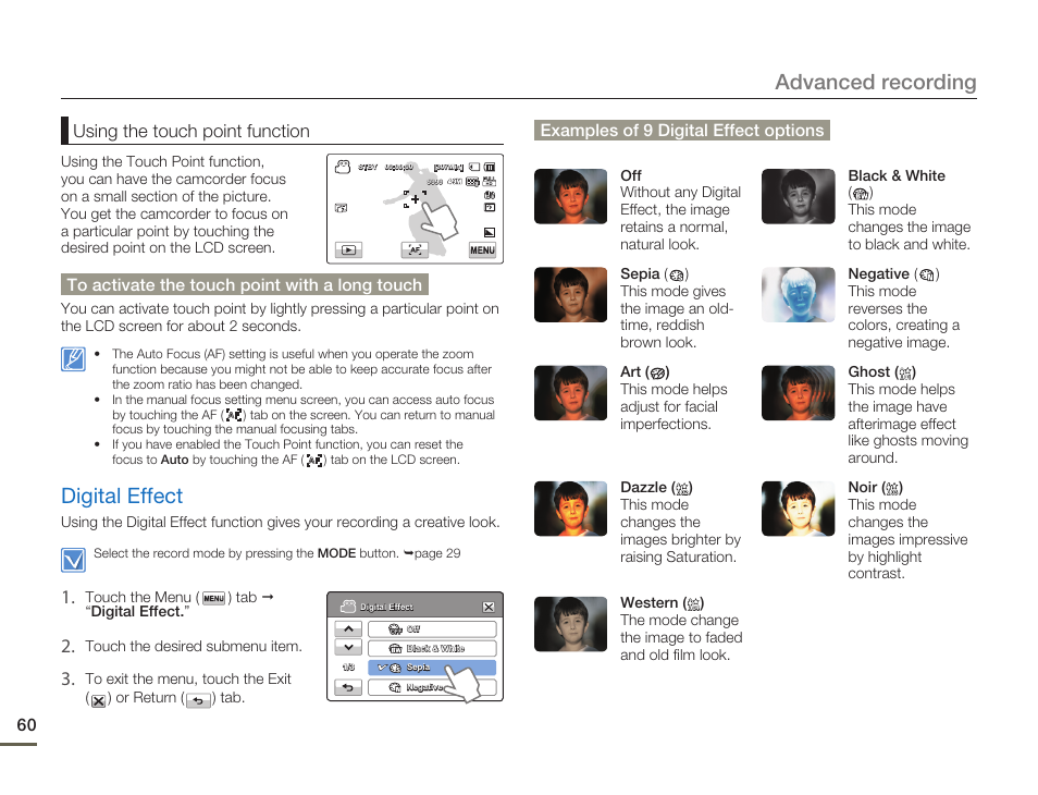 Digital effect, Advanced recording, Using the touch point function | Samsung HMX-H300BN-XAA User Manual | Page 64 / 122