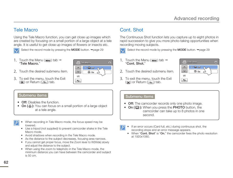 Tele macro, Cont. shot, Advanced recording tele macro | Samsung HMX-H300BN-XAA User Manual | Page 66 / 122