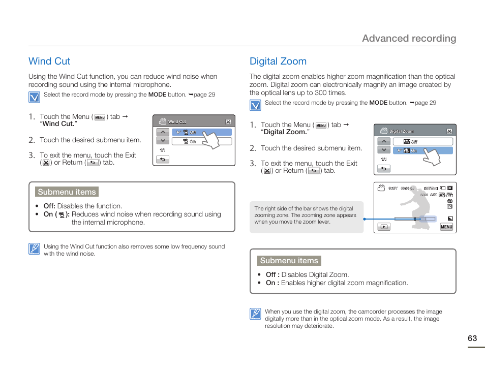 Wind cut, Digital zoom, Advanced recording wind cut | Samsung HMX-H300BN-XAA User Manual | Page 67 / 122