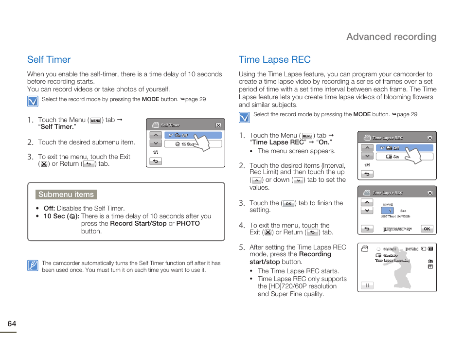 Self timer, Time lapse rec, Advanced recording self timer | Samsung HMX-H300BN-XAA User Manual | Page 68 / 122