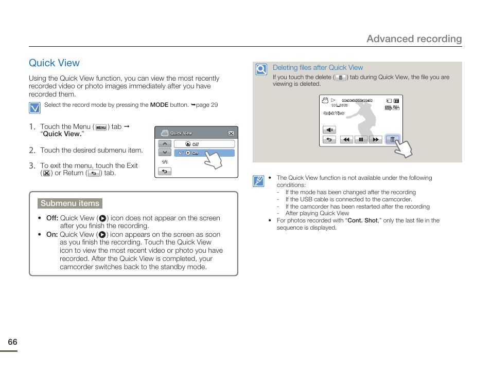 Quick view, Advanced recording quick view | Samsung HMX-H300BN-XAA User Manual | Page 70 / 122