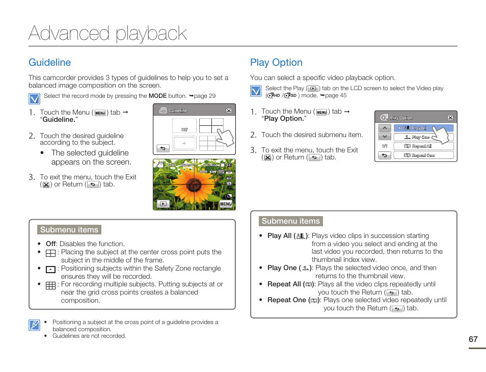 Guideline, Advanced playback, Play option | Samsung HMX-H300BN-XAA User Manual | Page 71 / 122