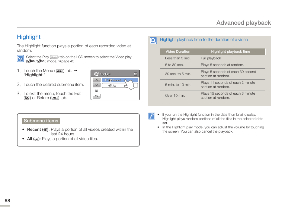 Highlight, Advanced playback highlight | Samsung HMX-H300BN-XAA User Manual | Page 72 / 122