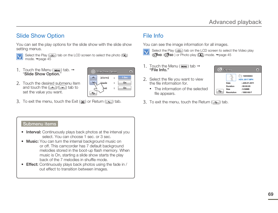 Slide show option, File info, Advanced playback slide show option | Samsung HMX-H300BN-XAA User Manual | Page 73 / 122