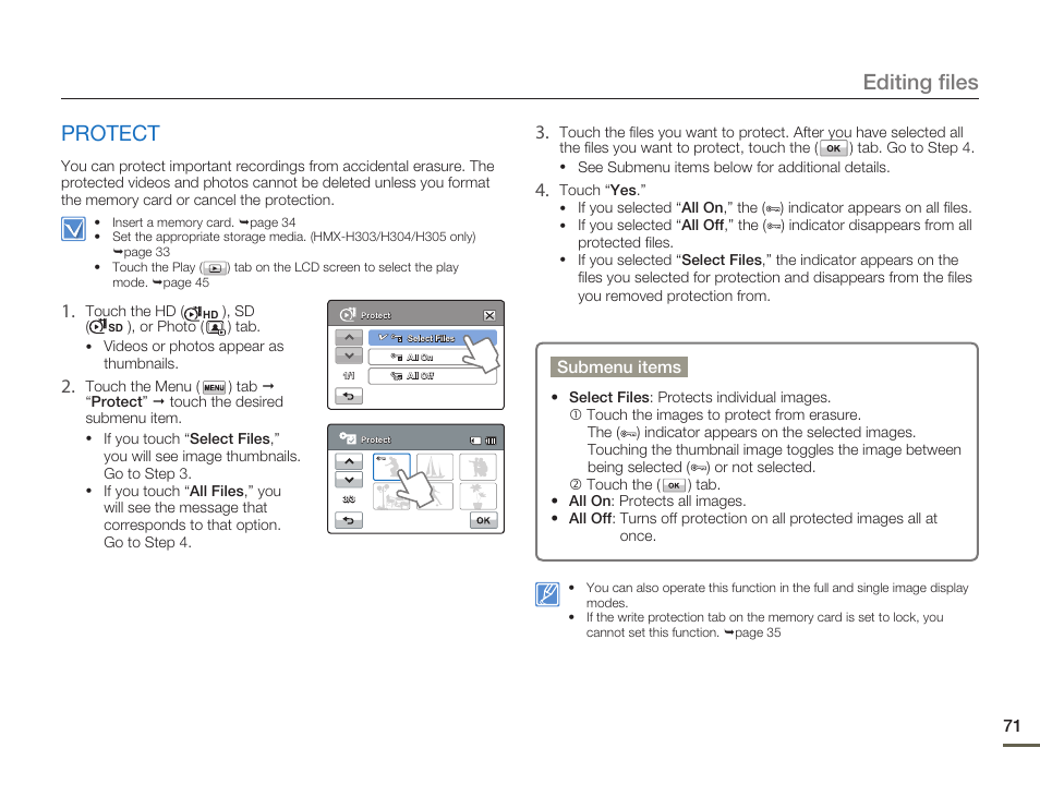 Protect, Editing files protect | Samsung HMX-H300BN-XAA User Manual | Page 75 / 122