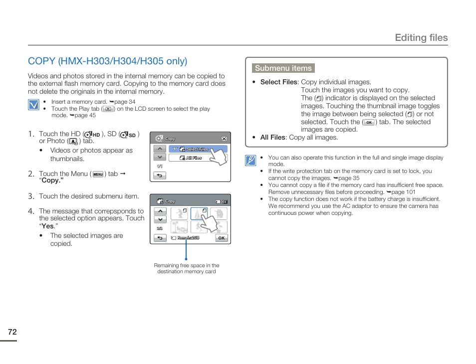 Copy (hmx-h303/h304/h305 only), Editing files | Samsung HMX-H300BN-XAA User Manual | Page 76 / 122