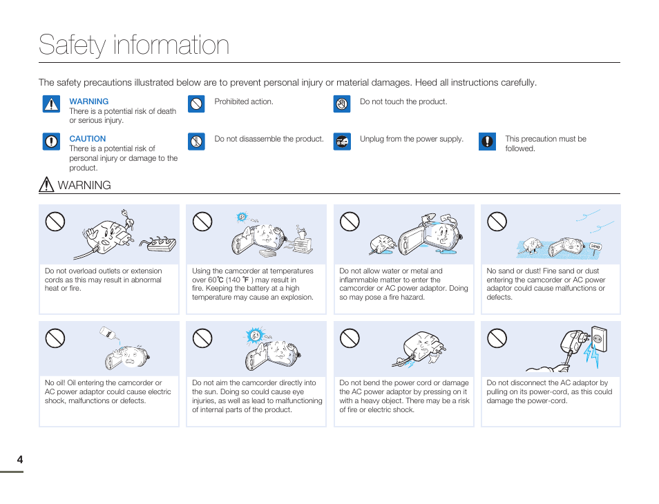 Safety information, Warning | Samsung HMX-H300BN-XAA User Manual | Page 8 / 122