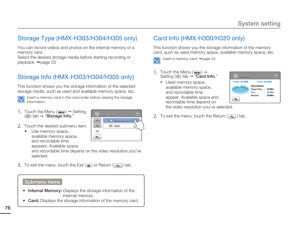 Storage type (hmx-h303/h304/h305 only), Storage info (hmx-h303/h304/h305 only), Card info (hmx-h300/h320 only) | Samsung HMX-H300BN-XAA User Manual | Page 80 / 122