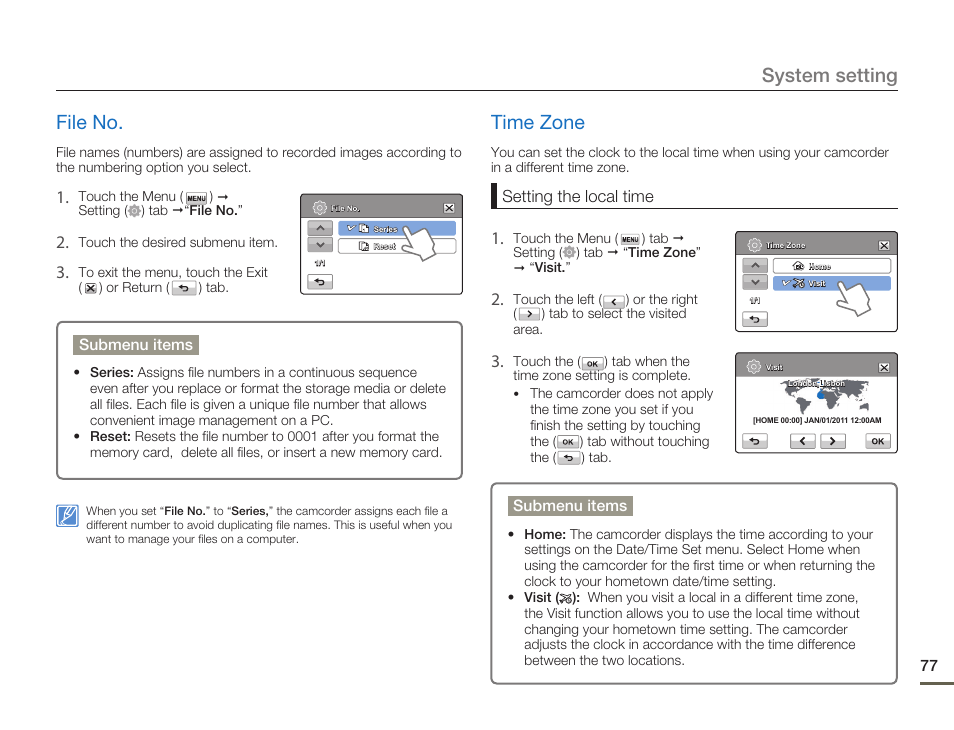 File no, Time zone, System setting file no | Samsung HMX-H300BN-XAA User Manual | Page 81 / 122