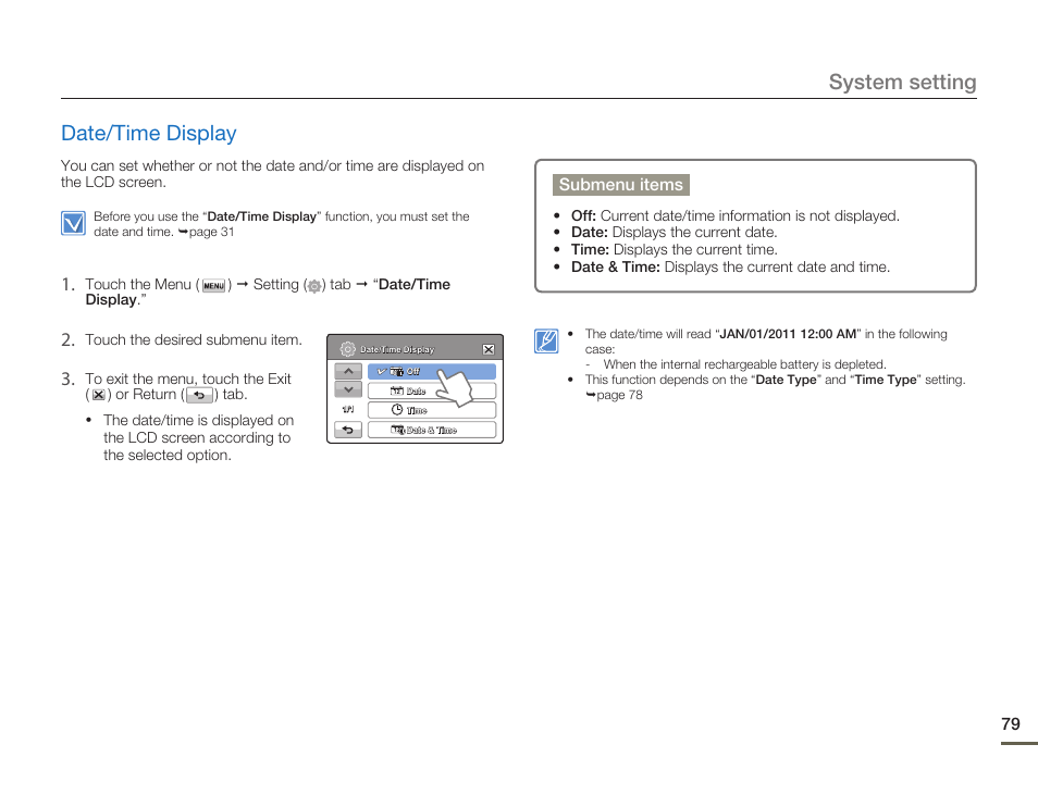 Date/time display, System setting date/time display | Samsung HMX-H300BN-XAA User Manual | Page 83 / 122
