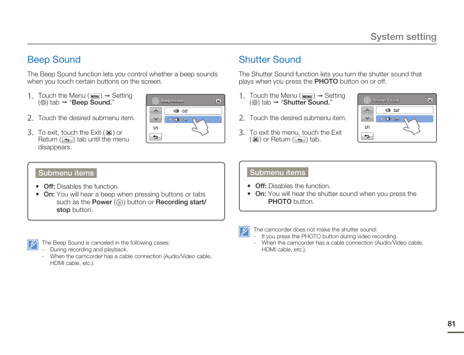 Beep sound, Shutter sound, System setting beep sound | Samsung HMX-H300BN-XAA User Manual | Page 85 / 122