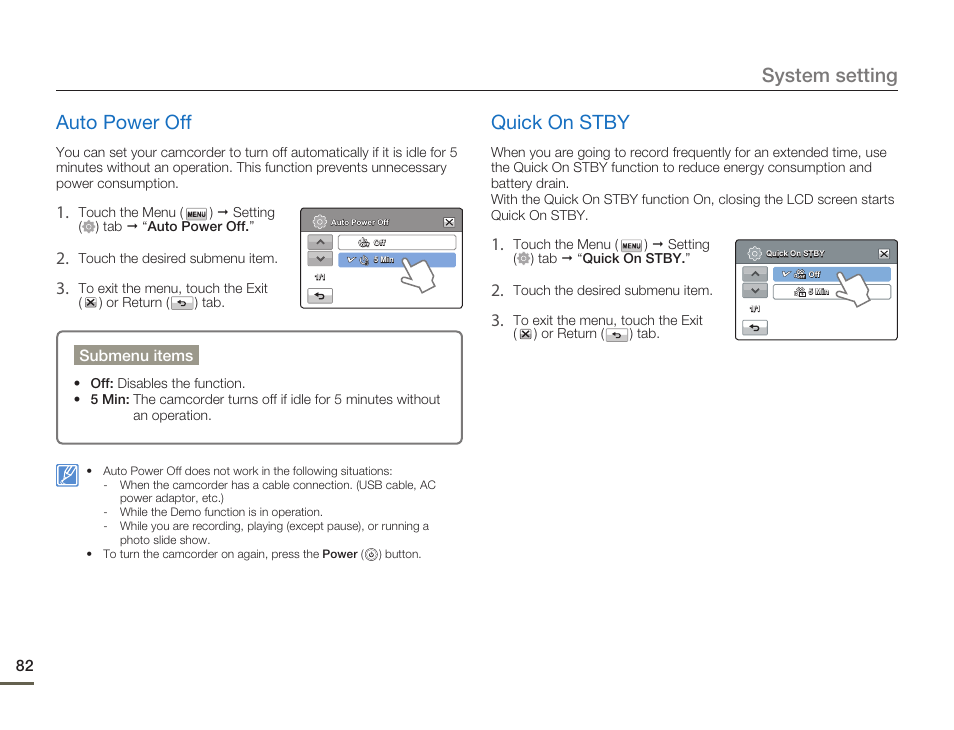 Auto power off, Quick on stby, System setting auto power off | Samsung HMX-H300BN-XAA User Manual | Page 86 / 122