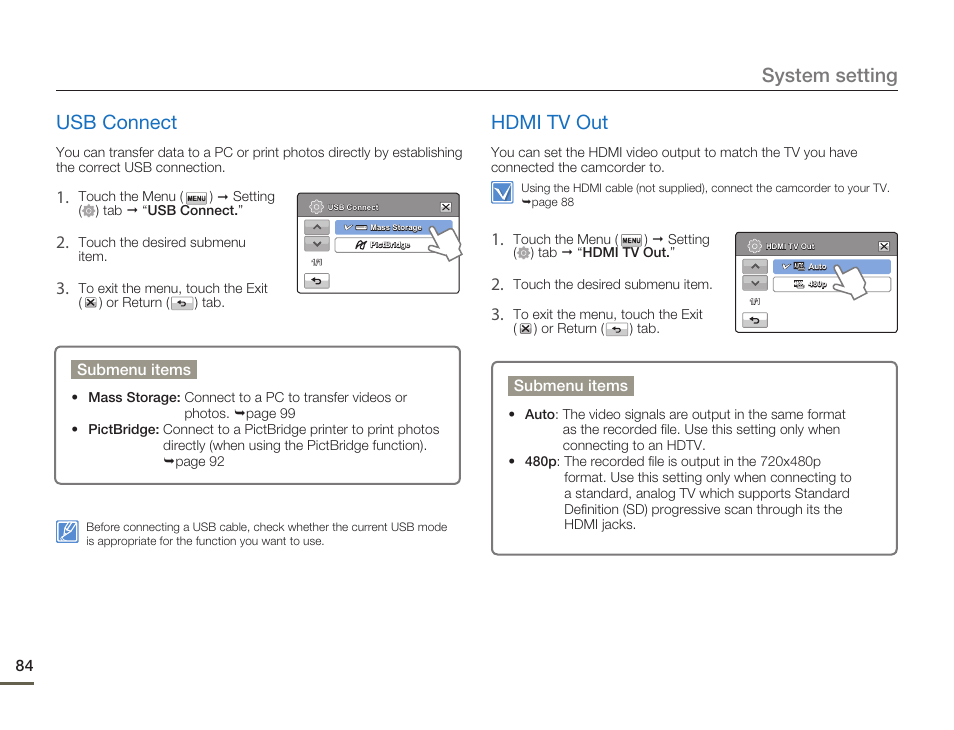 Usb connect, Hdmi tv out, System setting usb connect | Samsung HMX-H300BN-XAA User Manual | Page 88 / 122