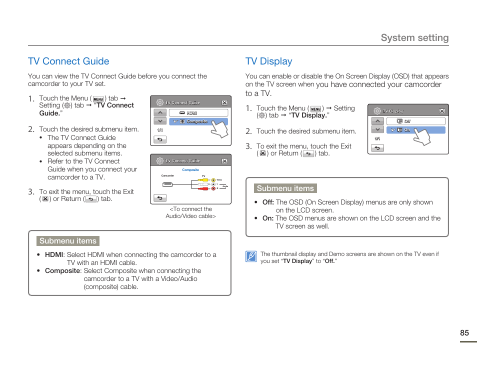 Tv connect guide, Tv display, System setting tv connect guide | Samsung HMX-H300BN-XAA User Manual | Page 89 / 122