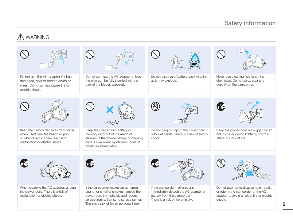 Safety information | Samsung HMX-H300BN-XAA User Manual | Page 9 / 122