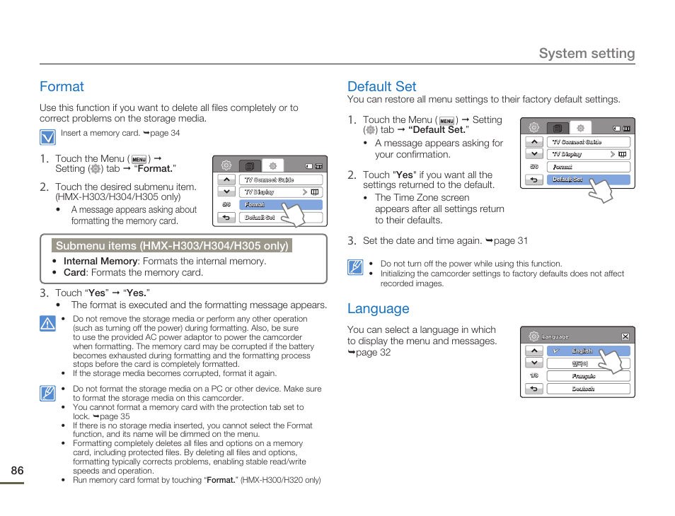 Format, Default set, Language | System setting format | Samsung HMX-H300BN-XAA User Manual | Page 90 / 122