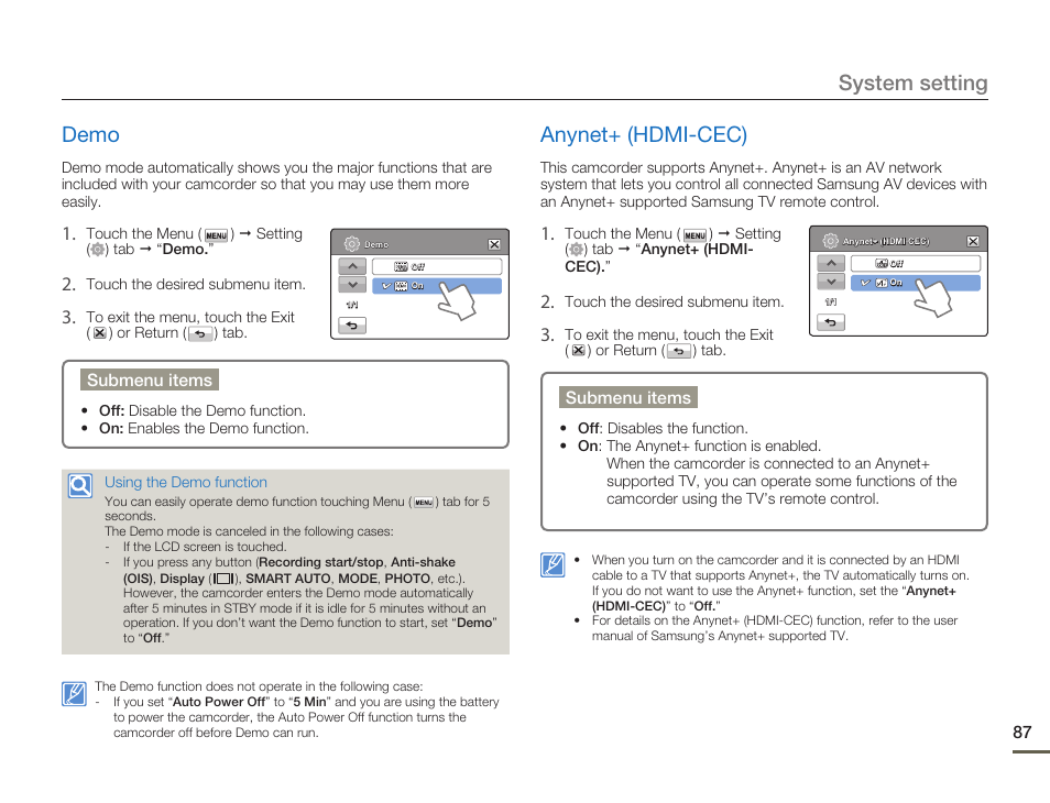 Demo, Anynet+ (hdmi-cec), System setting demo | Samsung HMX-H300BN-XAA User Manual | Page 91 / 122
