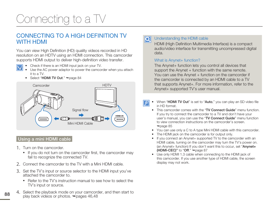 Connecting to a tv, Connecting to a high definition tvwith hdmi, Connecting to a high definition tv with hdmi | Samsung HMX-H300BN-XAA User Manual | Page 92 / 122