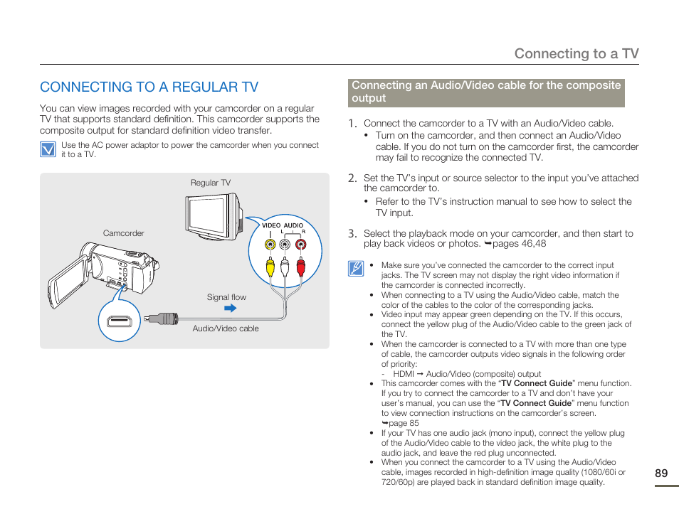 Connecting to a regular tv, Connecting to a tv connecting to a regular tv | Samsung HMX-H300BN-XAA User Manual | Page 93 / 122