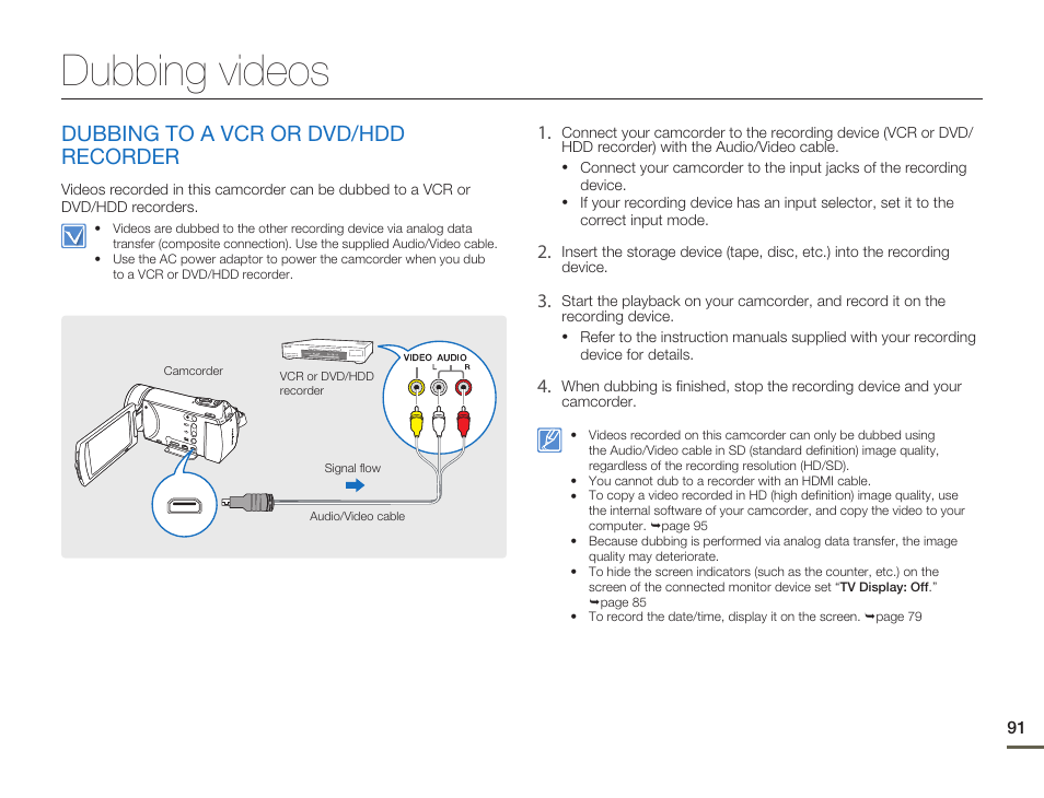Dubbing videos, Dubbing to a vcr or dvd/hddrecorder, Dubbing to a vcr or dvd/hdd recorder | Samsung HMX-H300BN-XAA User Manual | Page 95 / 122
