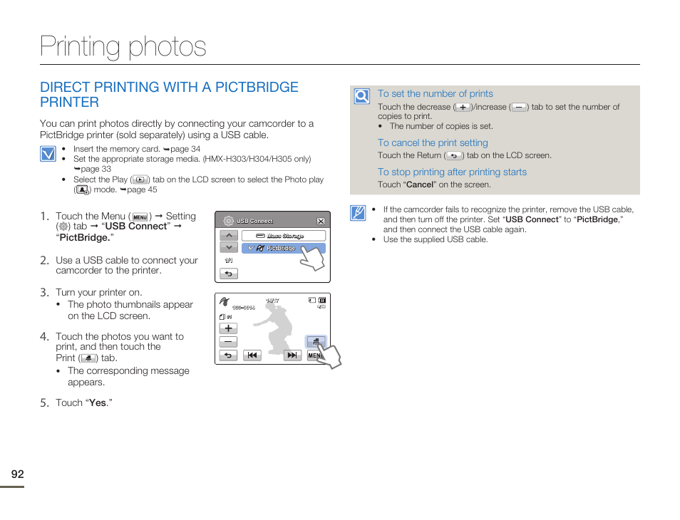 Printing photos, Direct printing with a pictbridgeprinter, Direct printing with a pictbridge printer | Samsung HMX-H300BN-XAA User Manual | Page 96 / 122