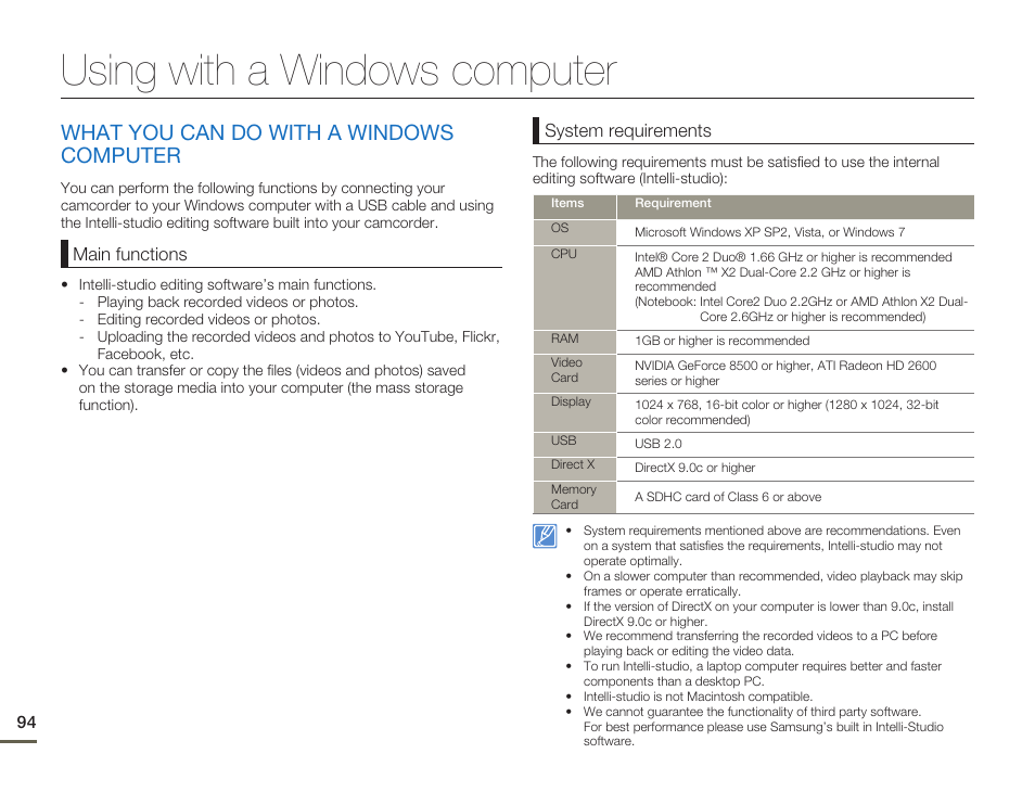 Using with a windows computer, What you can do with a windows computer | Samsung HMX-H300BN-XAA User Manual | Page 98 / 122