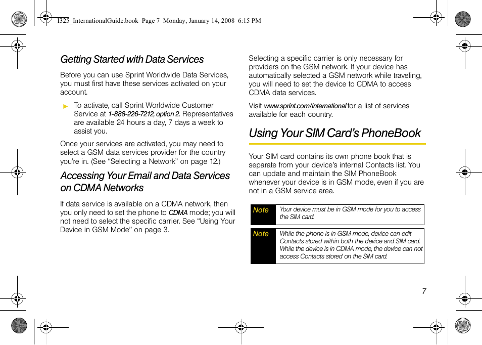 Getting started with data services, Using your sim card’s phonebook | Samsung SPH-I325DLASPR User Manual | Page 10 / 16