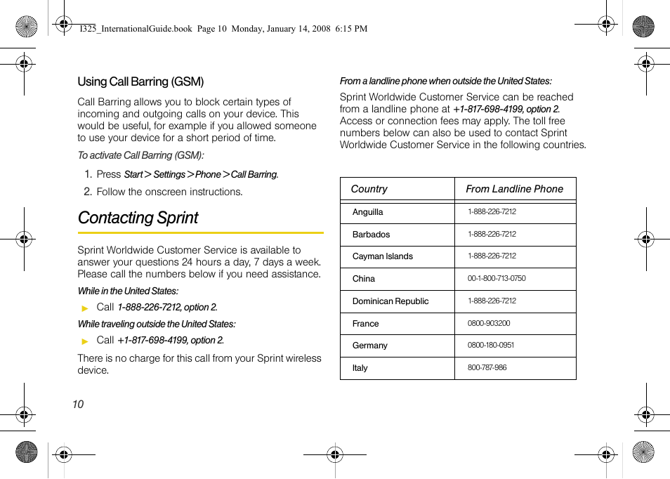 Using call barring (gsm), Contacting sprint | Samsung SPH-I325DLASPR User Manual | Page 13 / 16