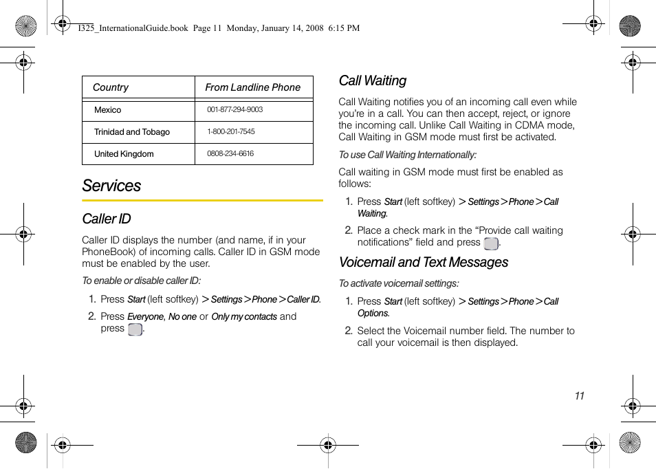 Services, Caller id, Call waiting | Voicemail and text messages | Samsung SPH-I325DLASPR User Manual | Page 14 / 16