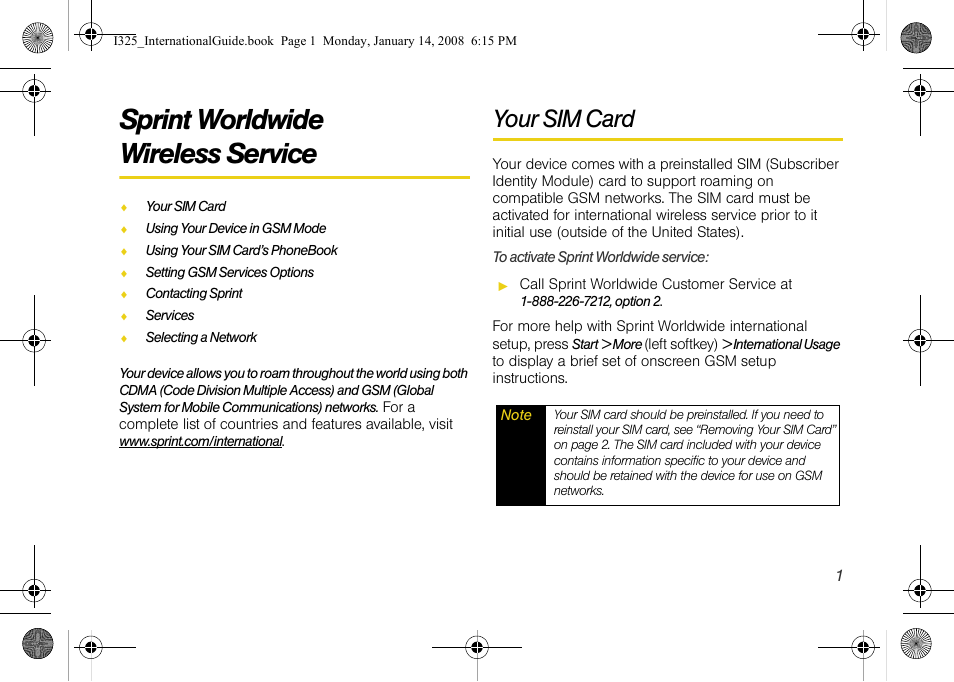 Sprint worldwide wireless service, Your sim card, Sprint worldwide | Wireless service | Samsung SPH-I325DLASPR User Manual | Page 4 / 16