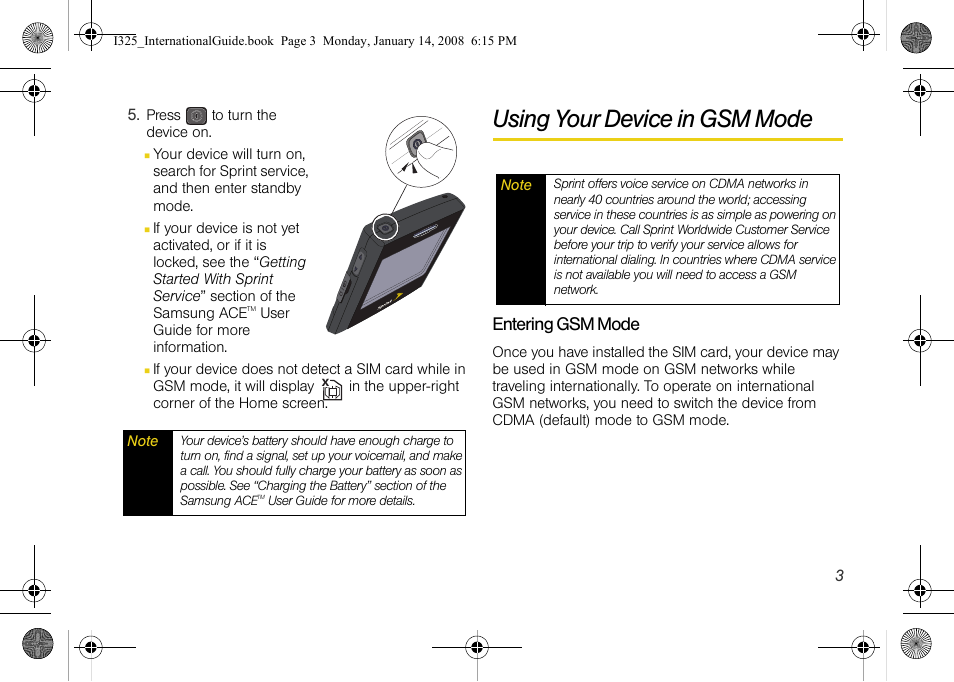 Using your device in gsm mode, Entering gsm mode | Samsung SPH-I325DLASPR User Manual | Page 6 / 16