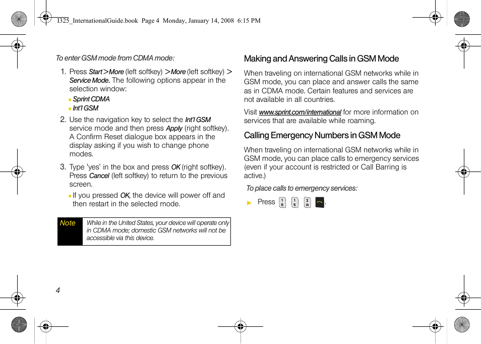 Making and answering calls in gsm mode, Calling emergency numbers in gsm mode | Samsung SPH-I325DLASPR User Manual | Page 7 / 16