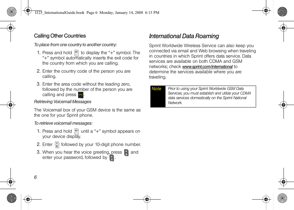 Calling other countries, Retrieving voicemail messages, International data roaming | Samsung SPH-I325DLASPR User Manual | Page 9 / 16