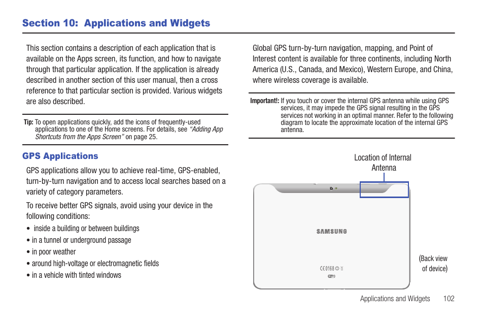 Section 10: applications and widgets, Gps applications | Samsung GT-P7510MADVZW User Manual | Page 105 / 181
