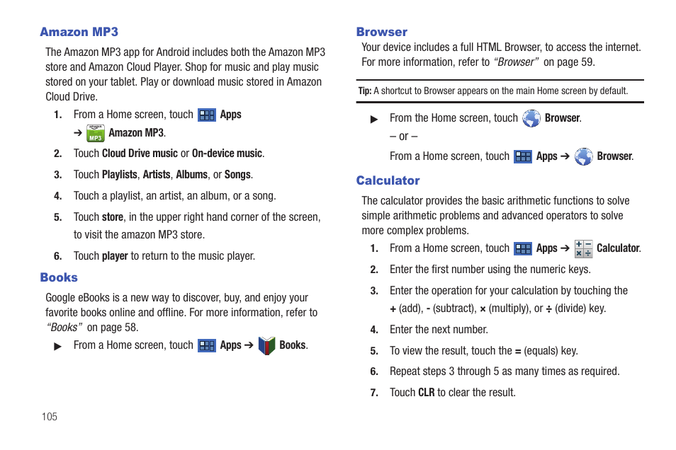 Amazon mp3, Books, Browser | Calculator, Amazon mp3 books browser calculator | Samsung GT-P7510MADVZW User Manual | Page 108 / 181