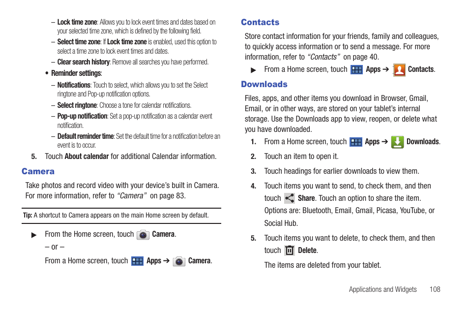 Camera, Contacts, Downloads | Camera contacts downloads | Samsung GT-P7510MADVZW User Manual | Page 111 / 181